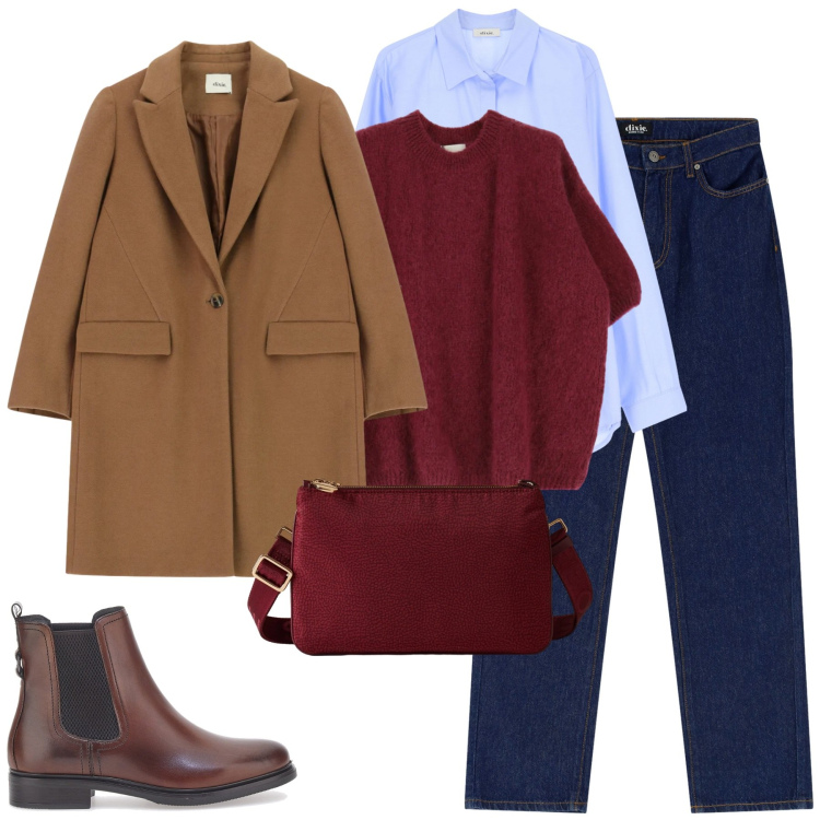 Outfit donna - Un caffè con le amiche. Stile Trendy per Tutti i giorni. Abbinamento con camicie, jeans dritti, borse a tracolla, cappotti, maglieria, stivaletti.