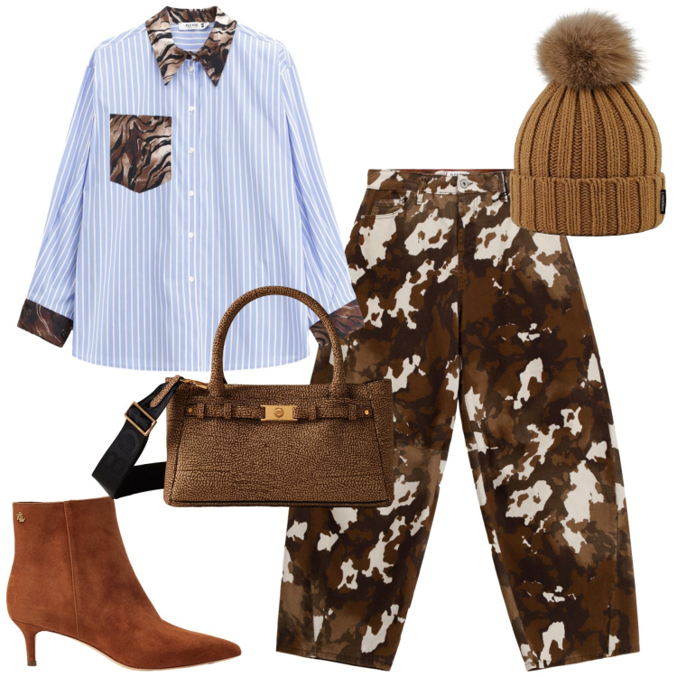 Outfit donna - Dicembre. Stile Trendy per Tutti i giorni. Abbinamento con pantaloni a palazzo, camicie, borse a mano, stivaletti, berretti.