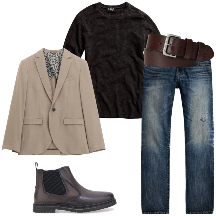 Outfit uomo - Total look #2300416. Stile Trendy per Ufficio. Abbinamento con giacche, maglieria, cinture, jeans dritti, stivali e stivaletti.