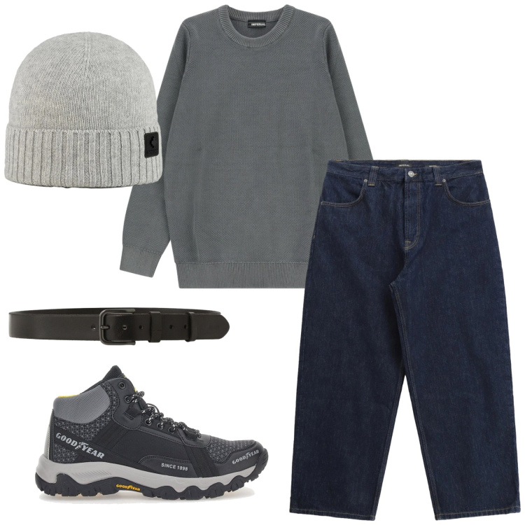 Outfit uomo - Total look #2300422. Stile Casual per Tutti i giorni. Abbinamento con jeans, cinture, pullovers, berretti, stivali e stivaletti.