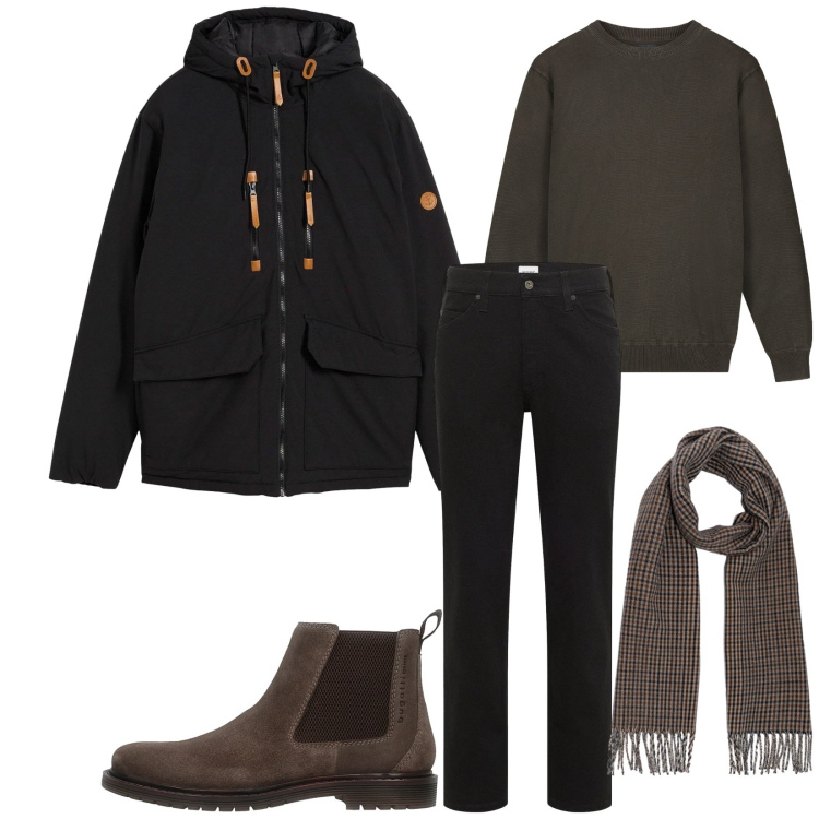 Outfit uomo - Total look #2300427. Stile Casual per Tutti i giorni. Abbinamento con jeans dritti, piumini, maglieria, stivali e stivaletti, sciarpe.