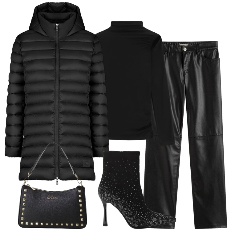 Outfit donna - Total black. Stile Urban per Tutti i giorni. Abbinamento con pantaloni, pochette, stivaletti, pullovers, piumini.