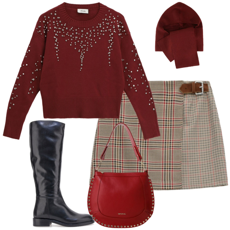 Outfit donna - City. Stile Casual chic per Tutti i giorni. Abbinamento con sciarpe, borse a spalla, minigonne, maglieria, stivali.