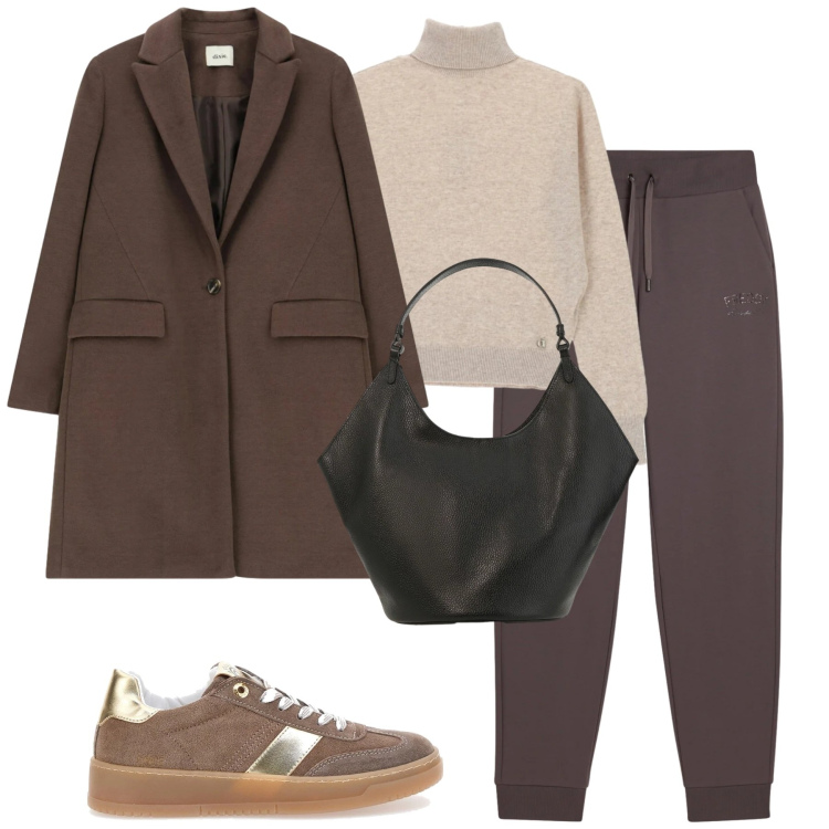 Outfit donna - Dicembre. Stile Casual chic per Tutti i giorni. Abbinamento con maglieria, borse a spalla, cappotti, pantaloni, sneakers.