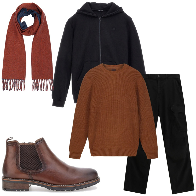 Outfit uomo - Total look #2300435. Stile Trendy per Tutti i giorni. Abbinamento con pantaloni cargo, scarpe stringate, sciarpe, felpe con cappuccio, maglieria.