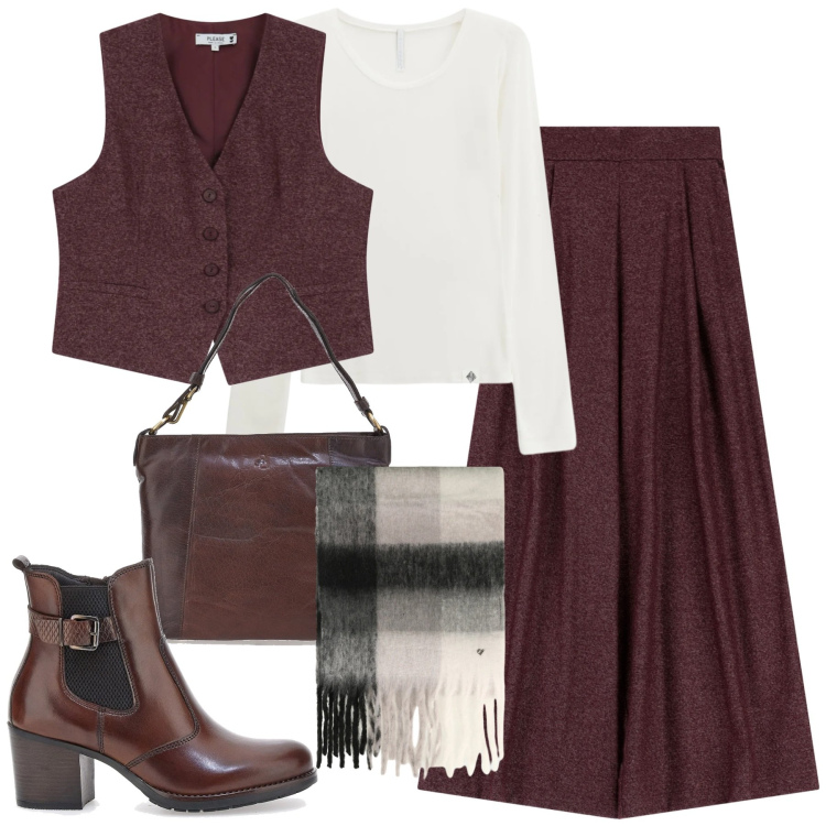 Outfit donna - Dicembre. Stile Urban per Tutti i giorni. Abbinamento con pantaloni a palazzo, gilet, t-shirt, sciarpe, stivaletti, borse a spalla.