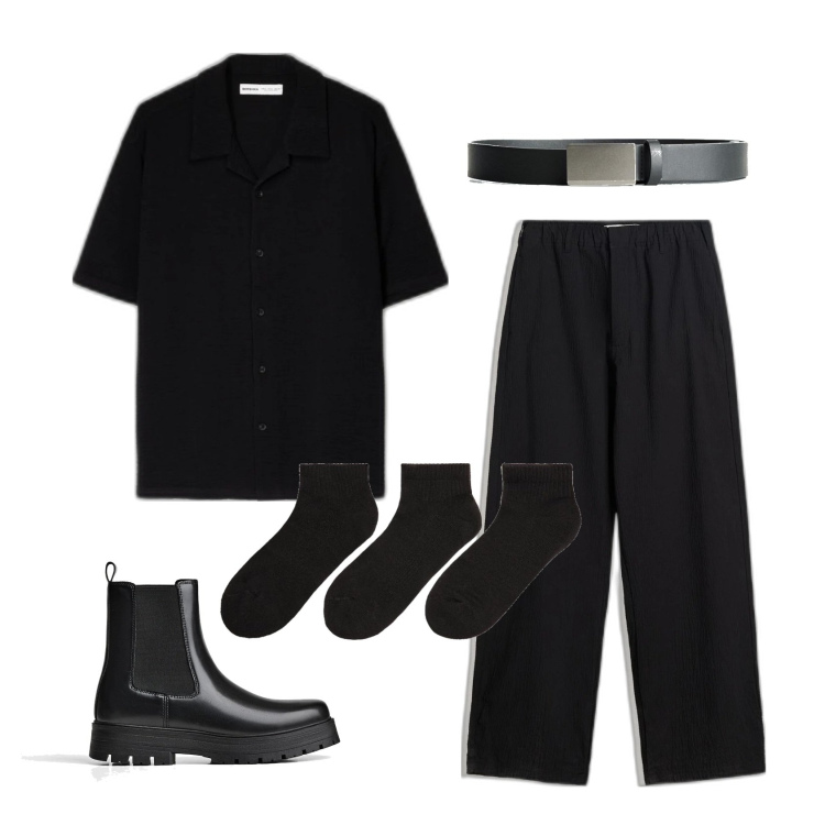 Outfit hombre - Hoy todo de negro. Estilo Casual para Todos los días. Combinación con camisas de manga corta, pantalones, cinturones, botas y botines, calcetines.
