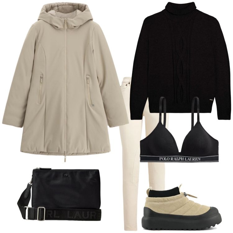 Outfit donna - Parka reverse. Stile Urban per Tutti i giorni. Abbinamento con parka, maglieria, borse a tracolla, reggiseni, jeans skinny, stivaletti.