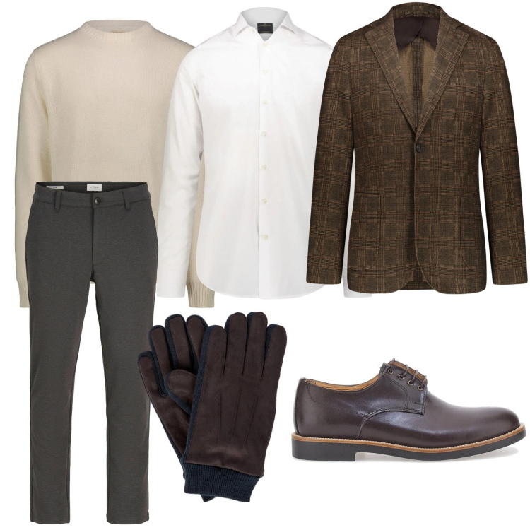 Outfit uomo - Layering essenziale. Stile Casual per Ufficio. Abbinamento con pantaloni chino, camicie, giacche, guanti, scarpe stringate, maglieria.