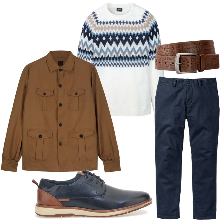 Outfit uomo - Sofisticato e funzionale. Stile Casual per Ufficio. Abbinamento con pantaloni chino, cinture, maglieria, scarpe stringate, cappotti.