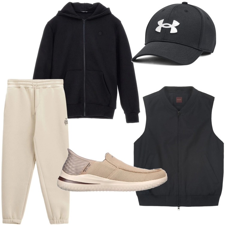 Outfit uomo - Look rilassato. Stile Urban per Tutti i giorni. Abbinamento con pantaloni, cappelli, sneakers, piumini, felpe con cappuccio.