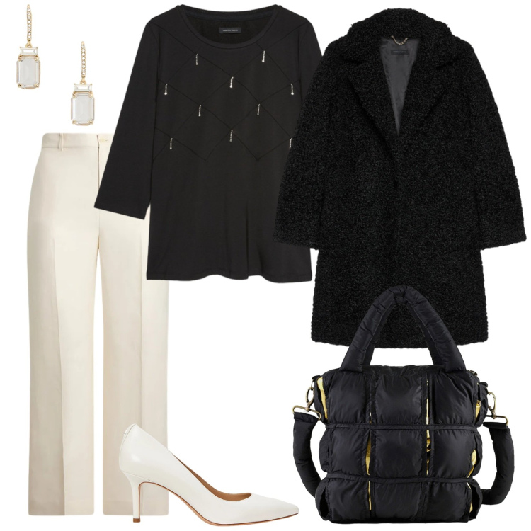 Outfit donna - Black and White in Winter. per Serata fuori. Abbinamento con décolleté, pantaloni, orecchini, borse a mano, cappotti, t-shirt.