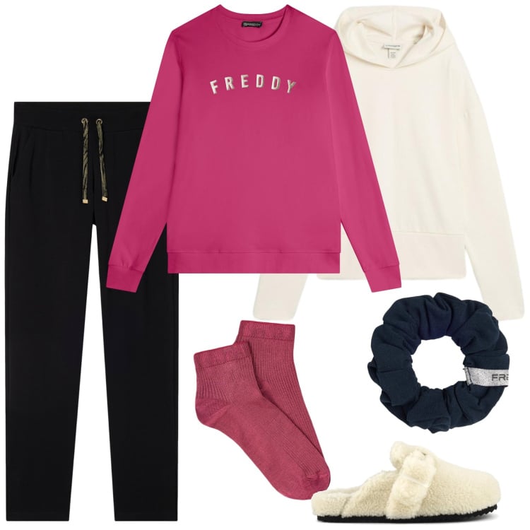 Outfit donna - Relax at home. Stile Sporty chic per Tutti i giorni. Abbinamento con felpe con cappuccio, pantaloni, felpe, accessori per capelli, sabot, collant.