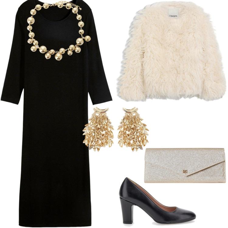 Outfit donna - Brilla coi tessuti fluidi. Stile Chic per Serata fuori. Abbinamento con vestiti, ecopellicce, pochette, orecchini, collane, décolleté.