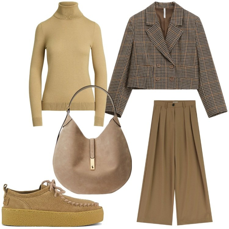 Outfit donna - I miei quadretti. Stile Casual chic per Ufficio. Abbinamento con blazer, pantaloni a palazzo, maglieria, borse a spalla, mocassini.