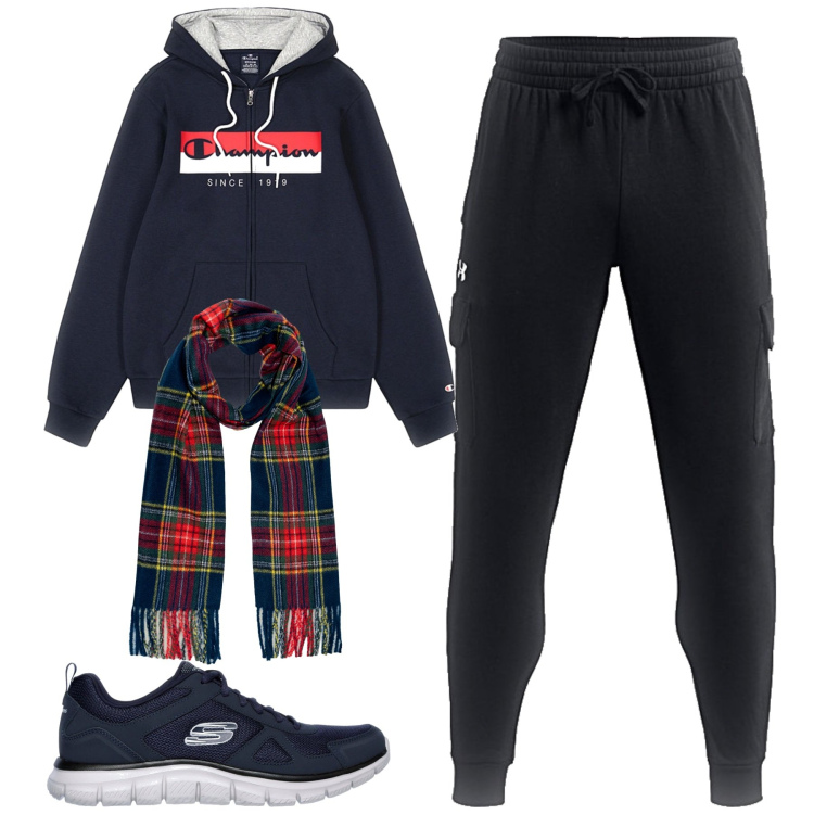 Outfit uomo - Total look #2300493. Stile Casual per Tutti i giorni. Abbinamento con pantaloni, felpe con cappuccio, sneakers, sciarpe.