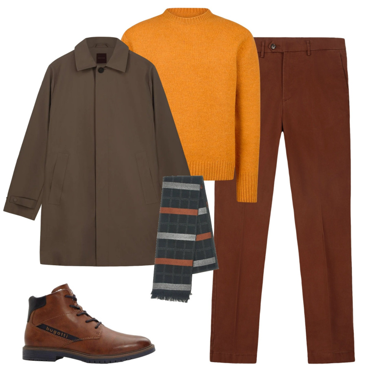 Outfit uomo - City. Stile Urban per Tutti i giorni. Abbinamento con stivali e stivaletti, pantaloni chino, maglieria, trench, sciarpe.