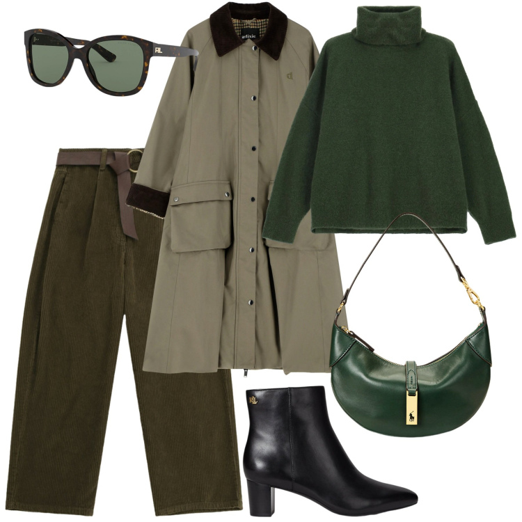 Outfit donna - Velvet Green. Stile Casual chic per Tutti i giorni. Abbinamento con maglieria, cappotti, pantaloni a palazzo, borse a spalla, stivaletti, occhiali da sole.