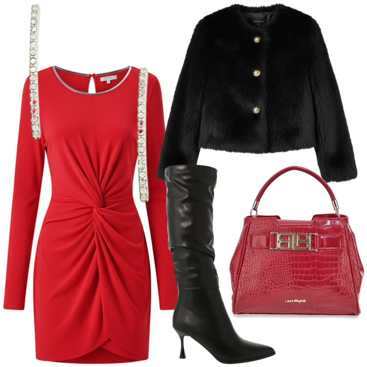 Outfit donna - Rosso Rinascimento. Stile Chic per Serata fuori. Abbinamento con vestiti a tubino, ecopellicce, stivali sopra il ginocchio, orecchini, borse a mano.