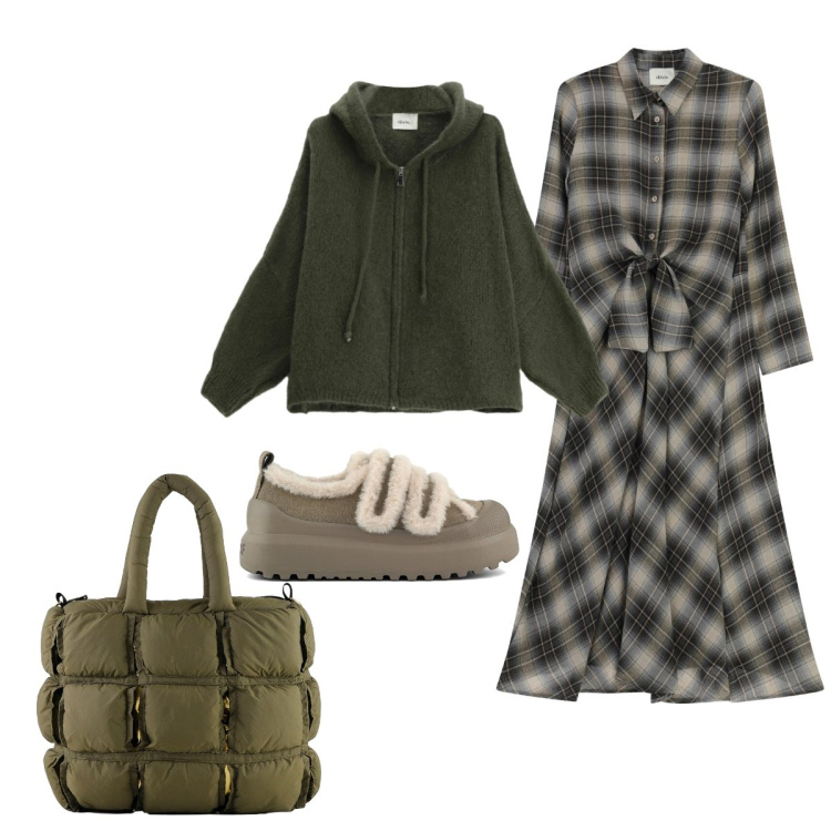 Outfit donna - Sporty chic in ufficio. Stile Sporty chic per Ufficio. Abbinamento con vestiti midi/longuette, cardigans, borse a mano, sneakers.