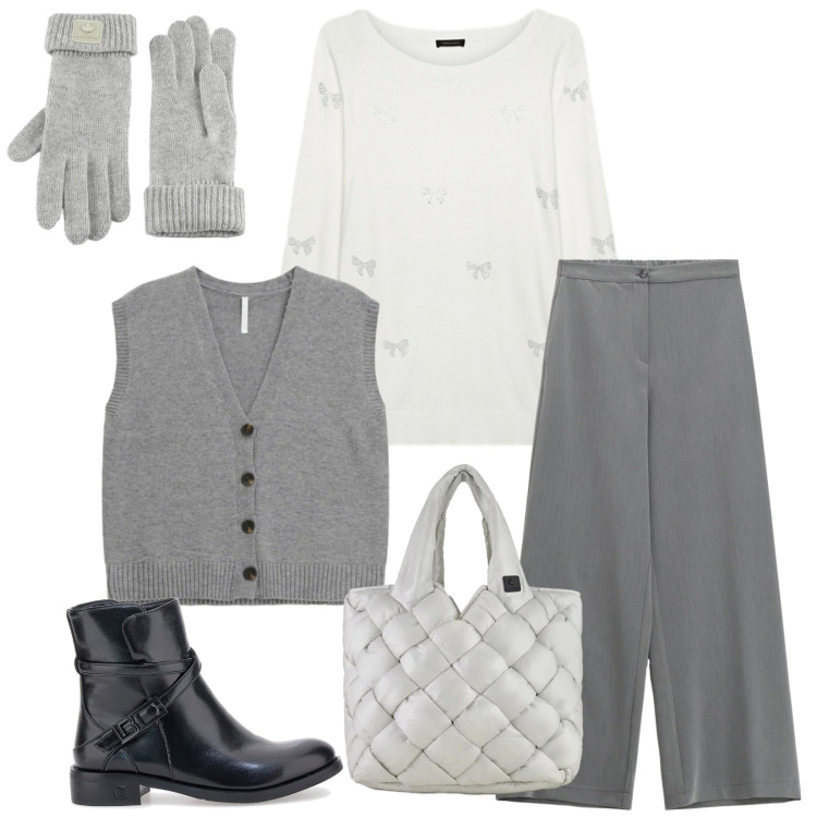 Outfit donna - Total look #2300511. Stile Casual chic per Tutti i giorni. Abbinamento con pantaloni a palazzo, gilet, borse tote, guanti, maglieria, stivaletti.
