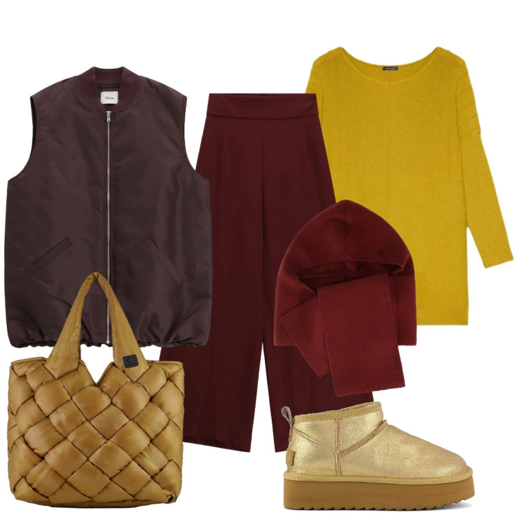 Outfit donna - Look accogliente…. Stile Casual chic per Tutti i giorni. Abbinamento con pantaloni a palazzo, sciarpe, piumini, borse tote, stivaletti, maglieria.