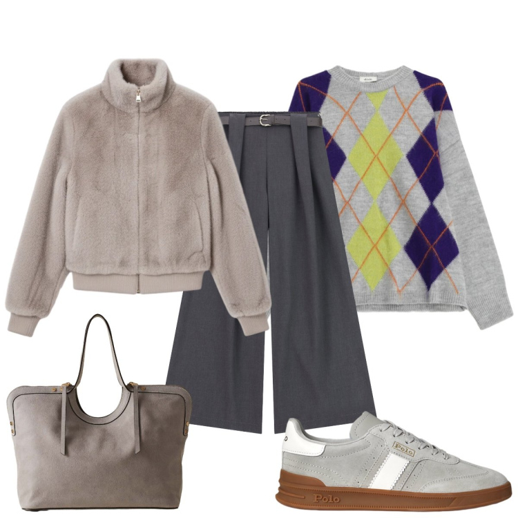 Outfit donna - Il pullover stile college. Stile Sporty chic per Tutti i giorni. Abbinamento con bomber, shopping bag, pantaloni, maglieria, sneakers.