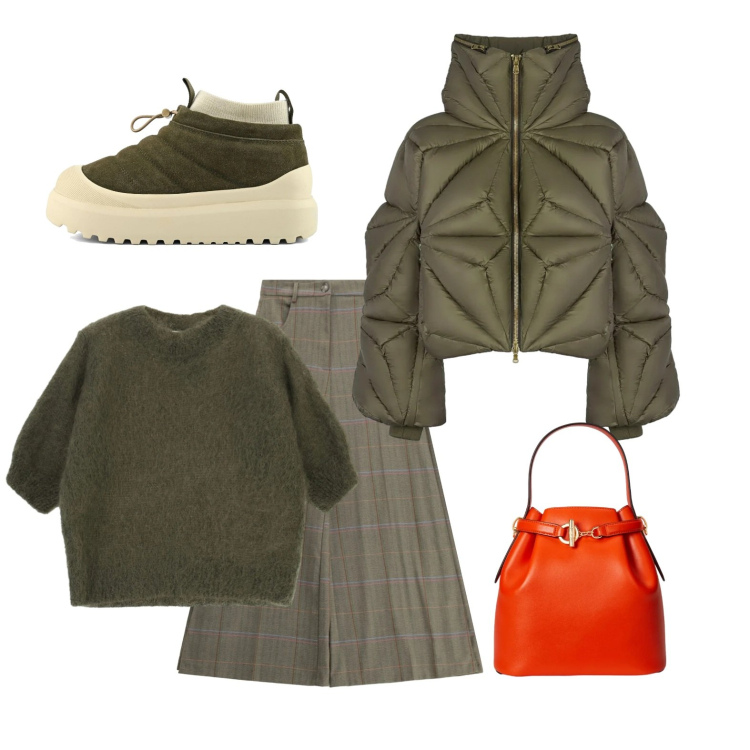 Outfit donna - In città. Stile Casual per Ufficio. Abbinamento con pantaloni a palazzo, maglieria, borse a secchiello, piumini, stivaletti.