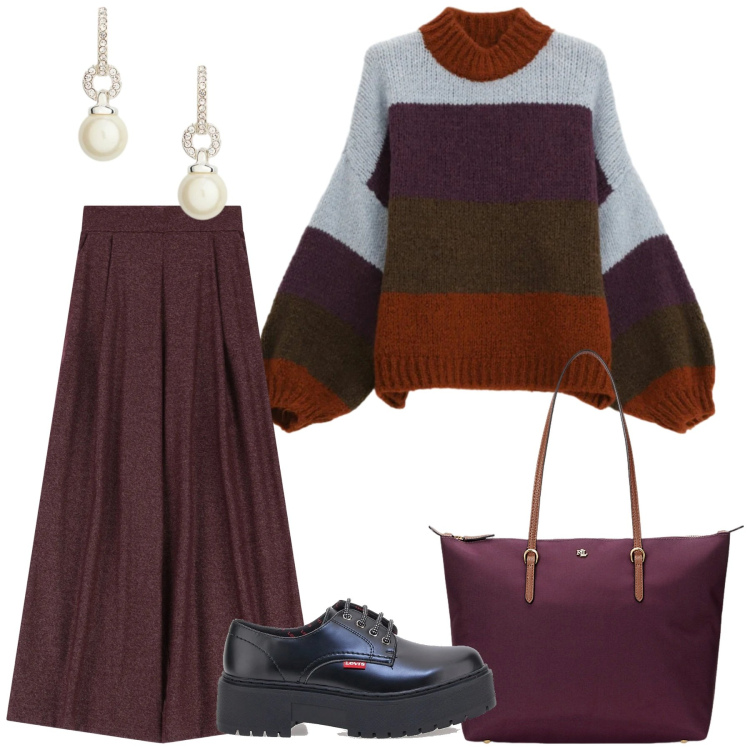 Outfit donna - Total look #2300525. Stile Mannish per Tutti i giorni. Abbinamento con pantaloni a palazzo, maglieria, orecchini, borse tote, francesine.