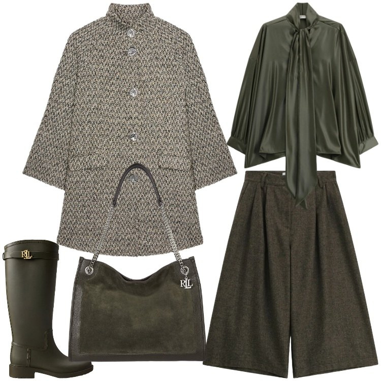 Outfit donna - Country chic. Stile Casual chic per Serata fuori. Abbinamento con shorts, camicie, stivali di gomma, borse tote, cappotti.