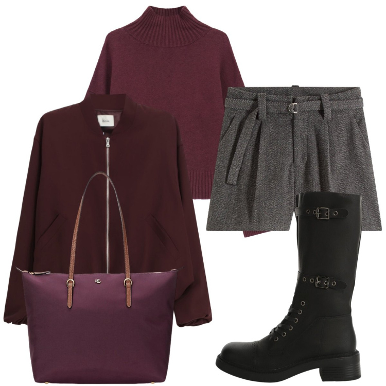Outfit donna - Sfumature viola. Stile Mannish per Tutti i giorni. Abbinamento con shorts, stivali, maglieria, bomber, borse tote.