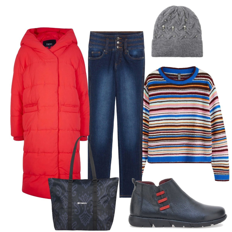 Outfit donna - Per le vie del centro. Stile Casual chic per Tutti i giorni. Abbinamento con piumini, jeans, maglieria, berretti, shopping bag, stivaletti.