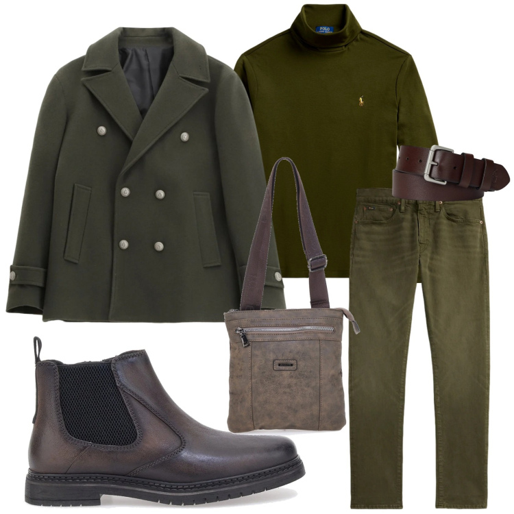 Outfit uomo - Total look #2300533. Stile Casual per Tutti i giorni. Abbinamento con cappotti, cinture, polo, jeans, stivali e stivaletti, portafogli.