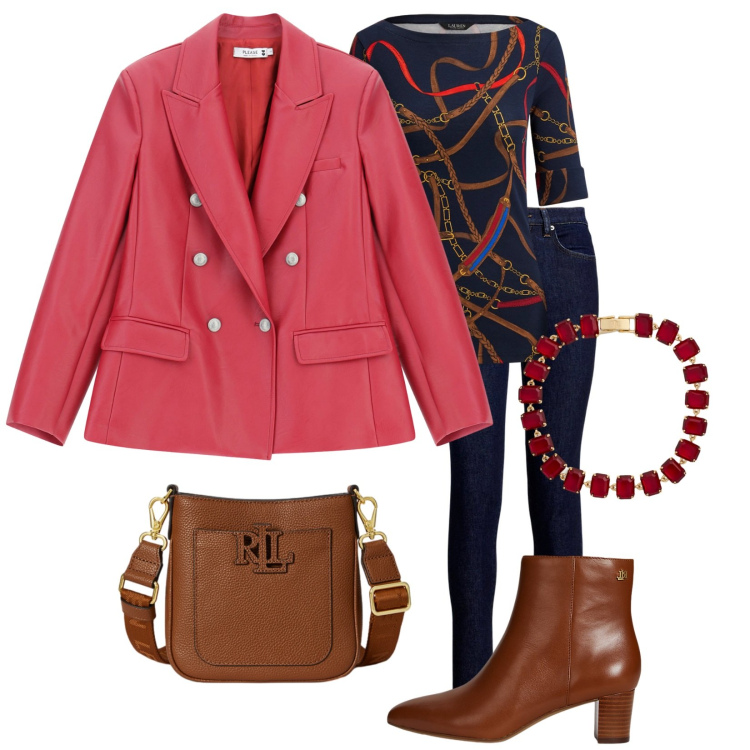 Outfit donna - Tocchi di rosso. Stile Trendy per Serata fuori. Abbinamento con giacche, jeans skinny, borse a tracolla, braccialetti, t-shirt, stivaletti.