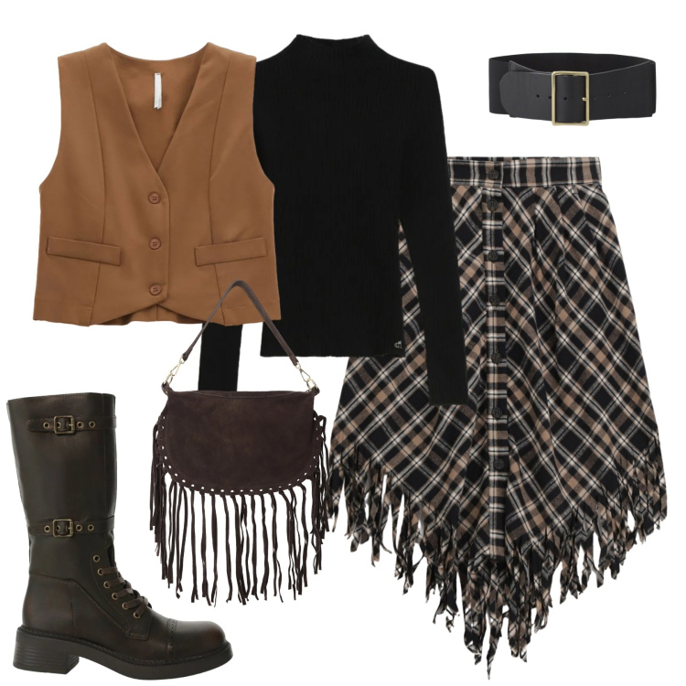 Outfit donna - Frange. Stile Trendy per Tutti i giorni. Abbinamento con gilet, stivali, borse a tracolla, cinture, gonne longuette, maglieria.