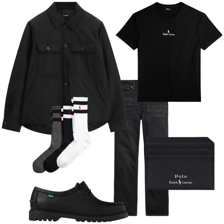 Outfit uomo - Total black. Stile Trendy per Tutti i giorni. Abbinamento con cappotti, calzini, scarpe stringate, portafogli, jeans dritti, t-shirt.