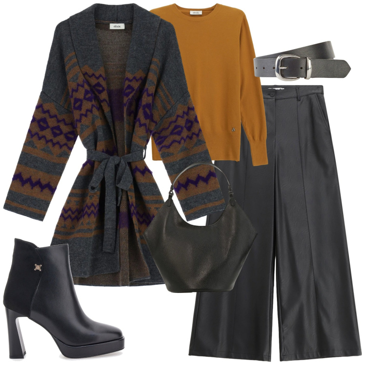 Outfit donna - Il cappotto in maglia fantasia. Stile Casual chic per Tutti i giorni. Abbinamento con cinture, pantaloni, cappotti, maglieria, borse a spalla, stivaletti.