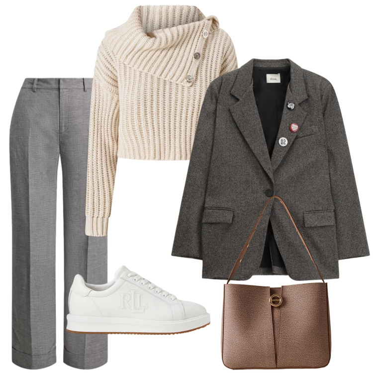 Outfit donna - Total look #2300543. Stile Casual chic per Ufficio. Abbinamento con maglieria, borse a secchiello, blazer, sneakers, pantaloni.