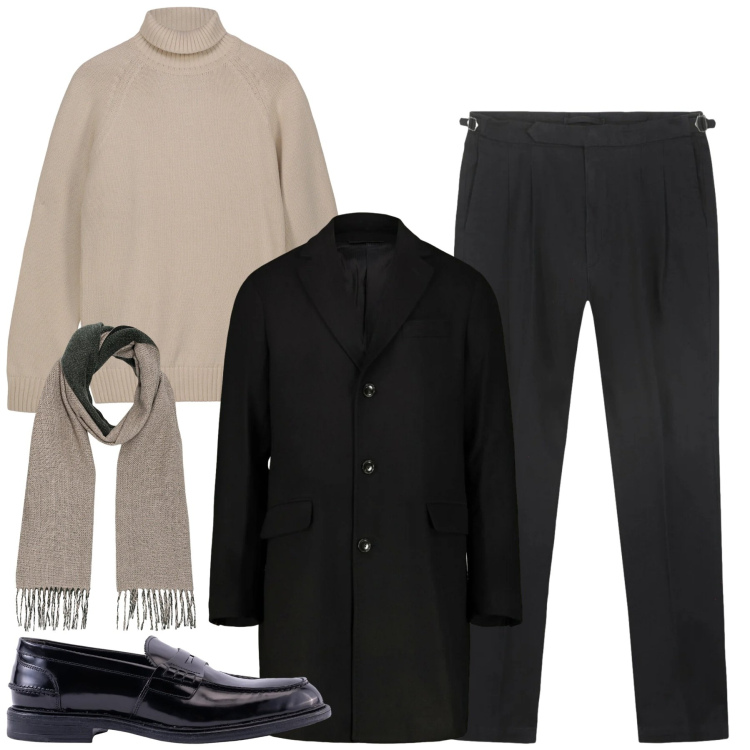 Outfit uomo - Tre capi per un look elegante versatile. Stile Urban per Tutti i giorni. Abbinamento con pantaloni, sciarpe, scarpe stringate, pullovers, cappotti.