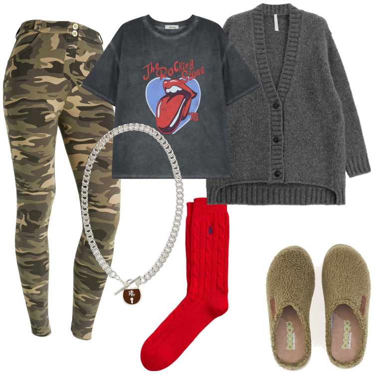 Outfit donna - Homewear Rock. Stile Rock per Tutti i giorni. Abbinamento con cardigans, pantaloni skinny, t-shirt, calzini, ciondoli, pantofole.