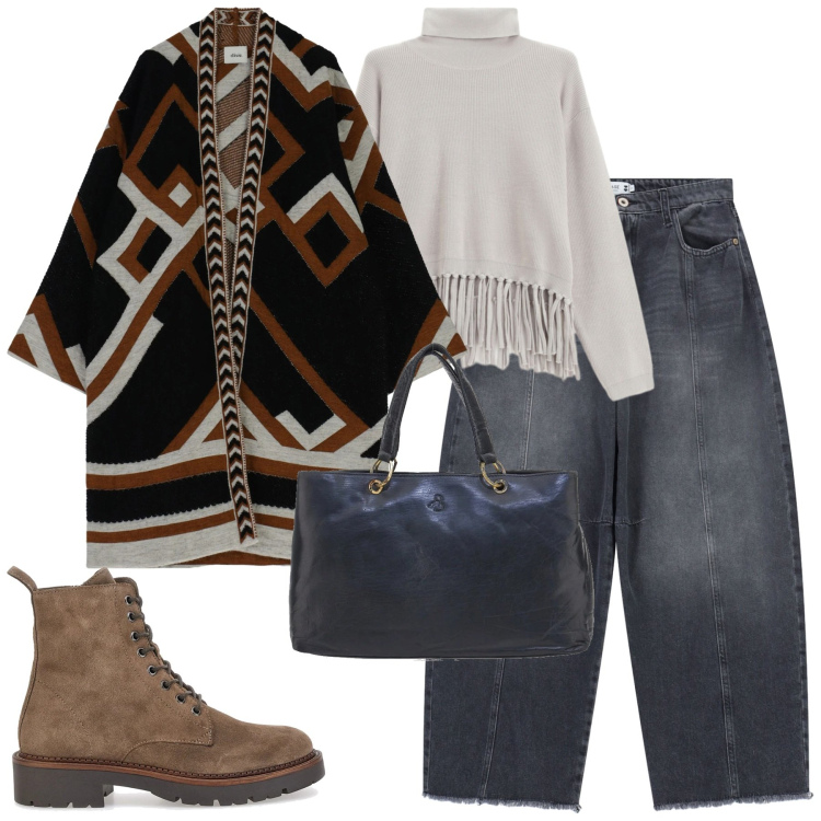 Outfit donna - Dicembre. Stile Casual chic per Tutti i giorni. Abbinamento con maglieria, pantaloni a palazzo, cappe, anfibi, borse a mano.