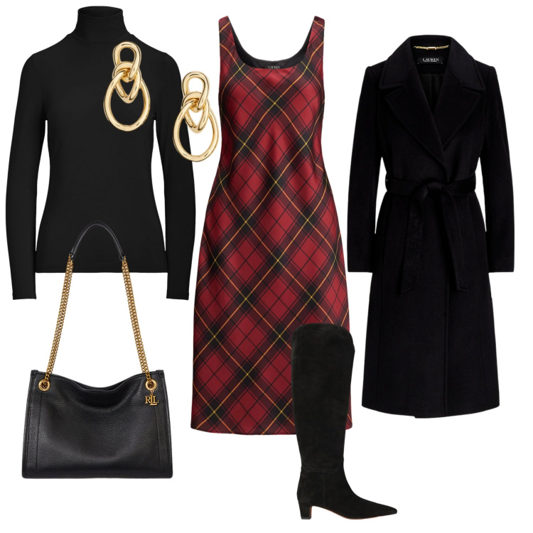 Outfit donna - Feste di Natale. Stile Trendy per Serata fuori. Abbinamento con vestiti senza maniche, cappotti, top, borse tote, orecchini, stivali.
