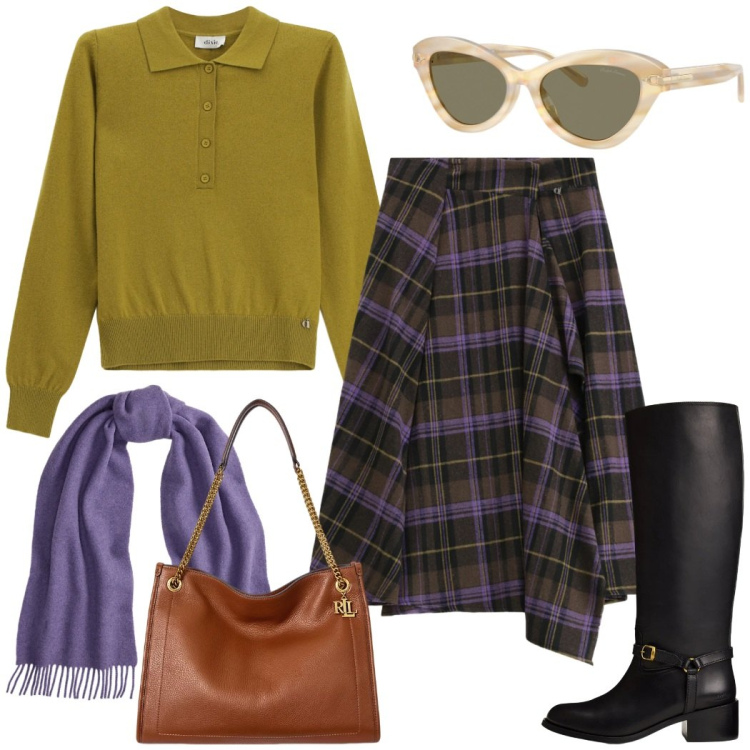 Outfit donna - La maxi gonna scozzese. Stile Casual chic per Ufficio. Abbinamento con gonne lunghe, pullovers, borse tote, sciarpe, stivali, occhiali da sole.