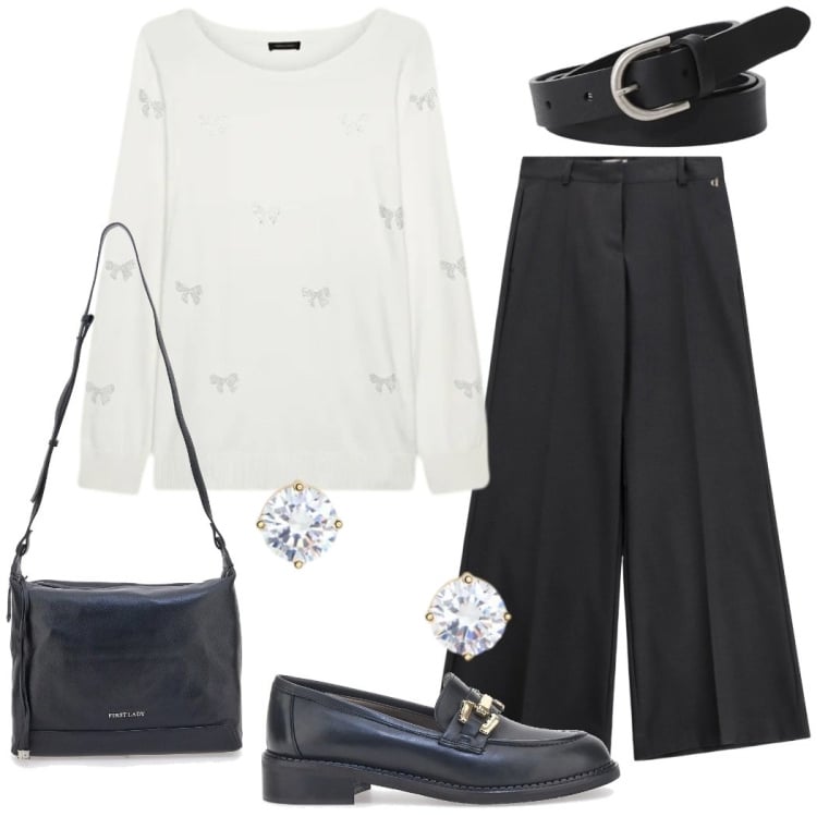 Outfit donna - In ufficio a dicembre. Stile Chic per Ufficio. Abbinamento con pantaloni a palazzo, cinture, orecchini, maglieria, mocassini, borse a tracolla.