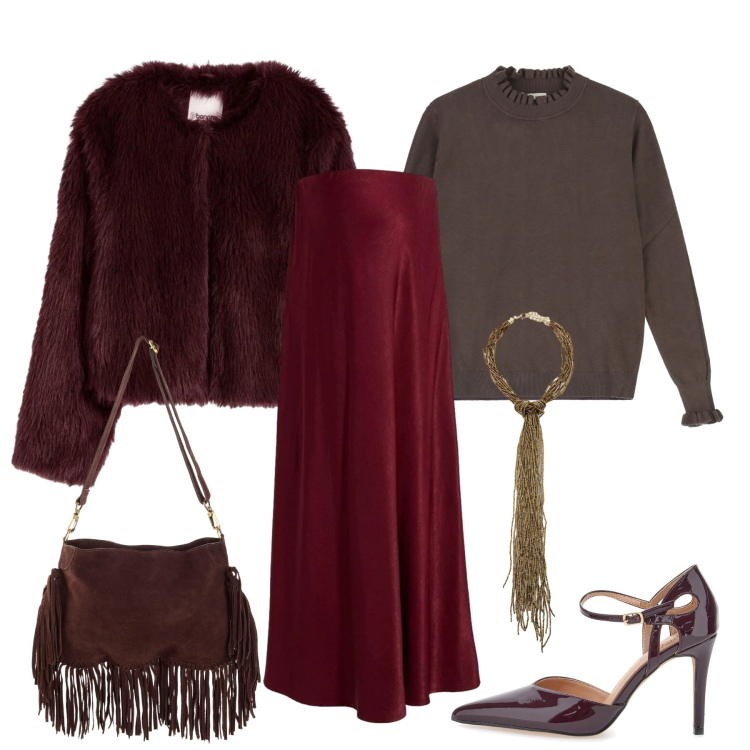 Outfit donna - Rosso profondo. Stile Glamour per Tutti i giorni. Abbinamento con gonne, borse a tracolla, ecopellicce, collane, maglieria, décolleté.