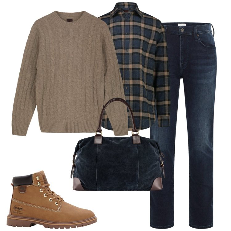 Outfit uomo - Weekend. Stile Trendy per Tutti i giorni. Abbinamento con jeans slim fit, stivali e stivaletti, borse sportive, camicie, maglieria.