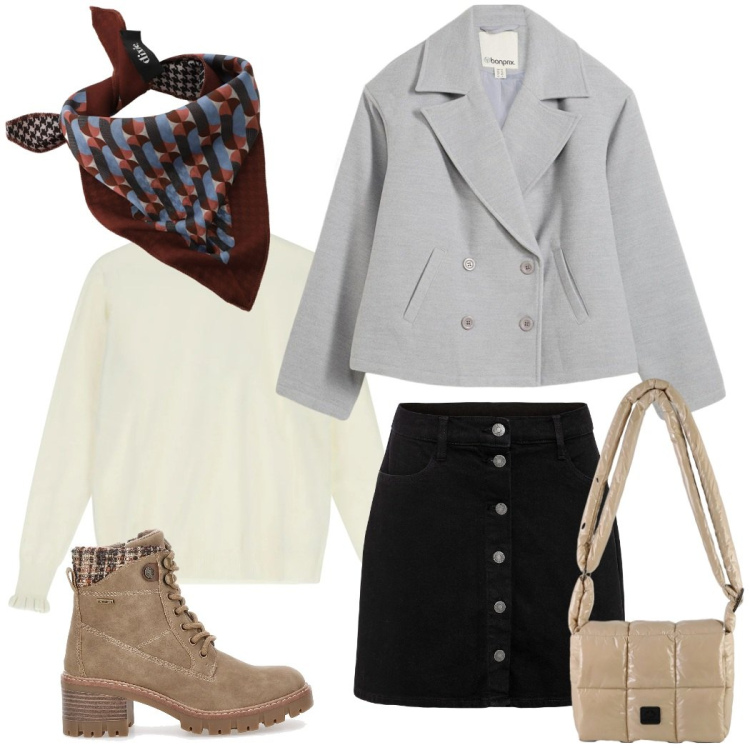 Outfit donna - Total look #2300559. Stile Casual chic per Tutti i giorni. Abbinamento con gonne, caban, maglieria, foulard, borse a spalla, anfibi.