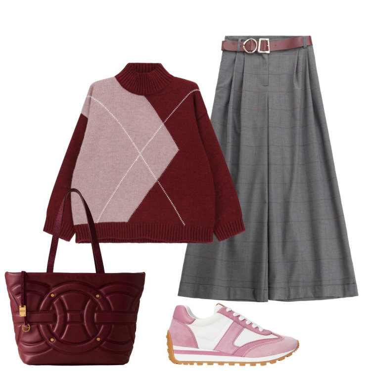 Outfit donna - Total look #2300560. Stile Casual chic per Ufficio. Abbinamento con pantaloni, maglieria, shopping bag, sneakers.