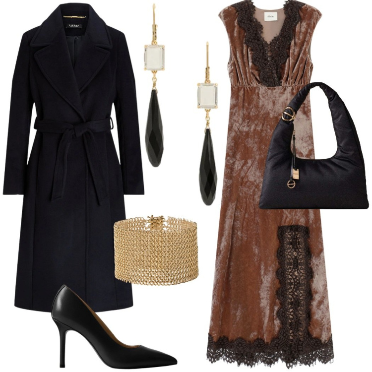 Outfit donna - Capodanno glamour. Stile Glamour per Serata fuori. Abbinamento con borse a mano, vestiti lunghi, cappotti, décolleté, orecchini, braccialetti.