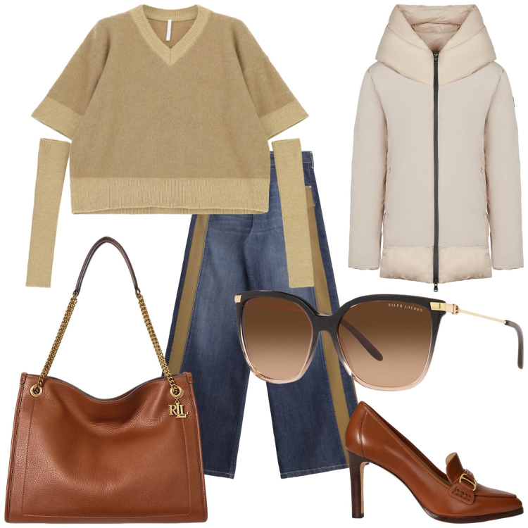 Outfit donna - Sabato centro città. Stile Glamour per Tutti i giorni. Abbinamento con jeans a zampa, maglieria, borse tote, décolleté, occhiali da sole, piumini.
